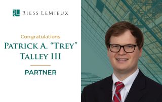 Photo of Patrick A. “Trey” Talley III, partner at Riess LeMieux. Trey joined the firm in 2020 and practices construction law, employment and labor law, and commercial litigation, representing contractors, owners, developers, and design professionals on private and public projects. He was recognized by Best Lawyers Ones to Watch for 2026 in Construction Law and Litigation–Construction.